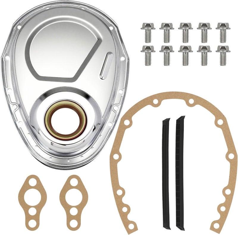 Dueilgo Timing Chain Cover Kit with Gasket Seal Bolts Set Chrome Plated Steel Compatible with Chevy SBC 283 305 327 350 383 400 Engines - Image 1